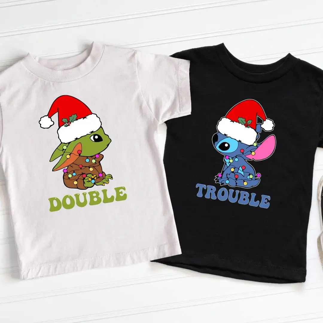 Stitch Baby Yoda Double Trouble Christmas Shirt, Disneyland Christmas Family Vacation Shirt, Disney Christmas Kids Tee, Christmas Hoodie