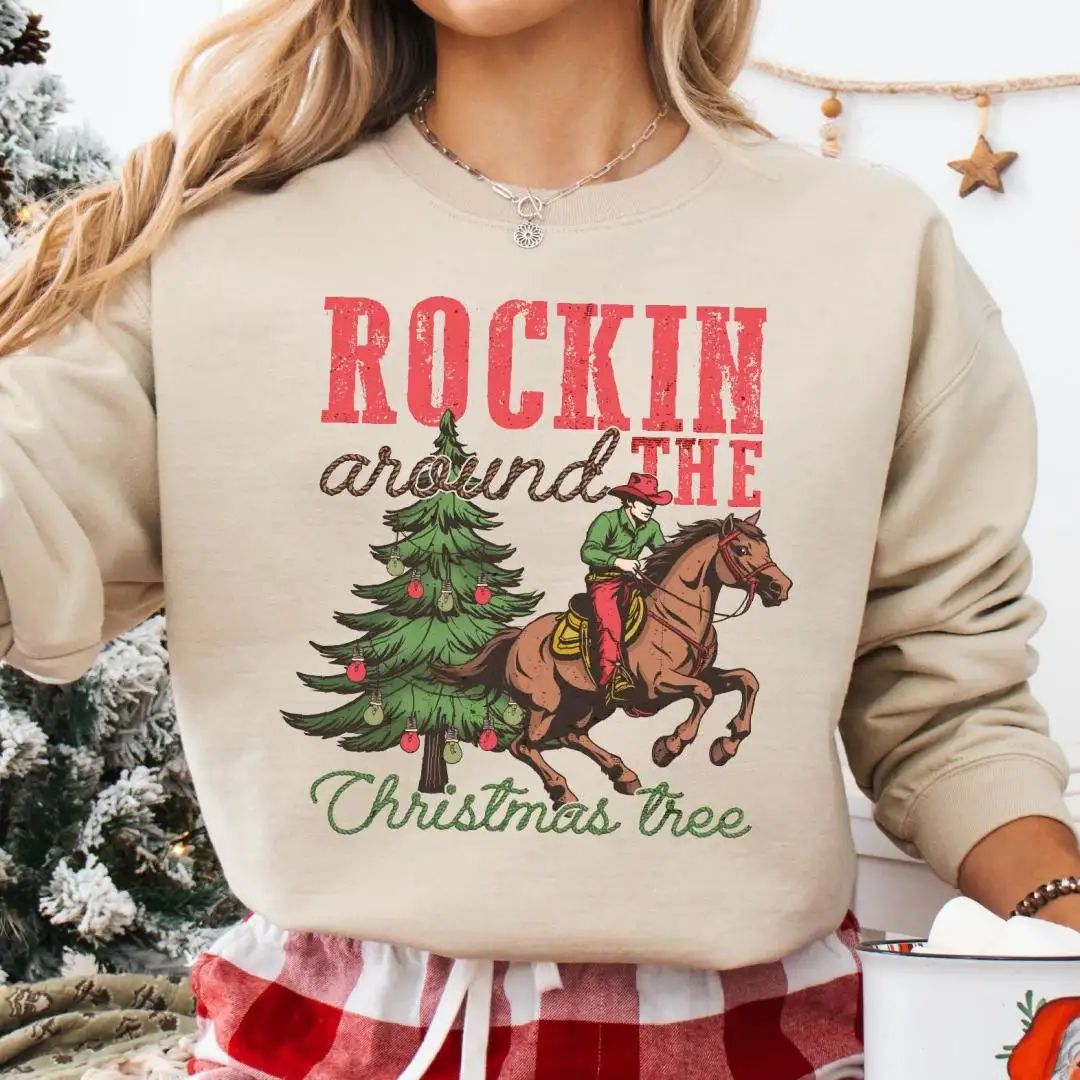 Rockin Around The Christmas Tree Shirt, Country Christmas Sweatshirt, Western Holiday Rodeo Hoodie, Jingle Horse Christmas Cowboy Tee
