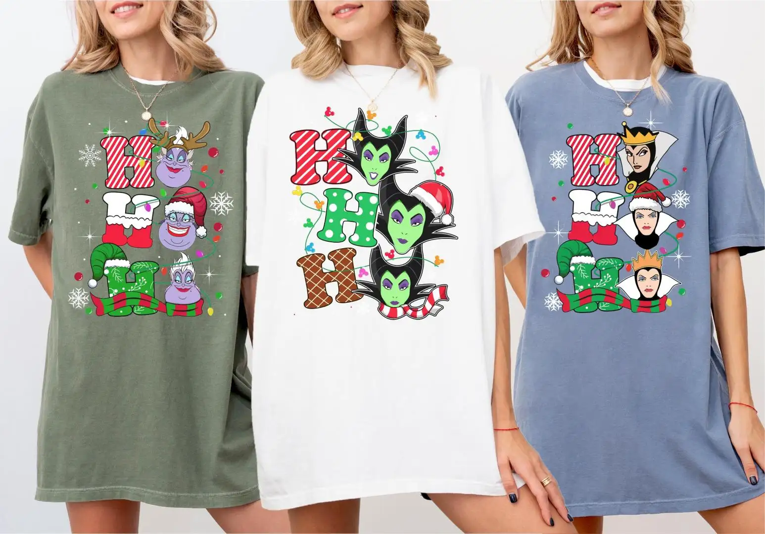 Disney Villains Christmas Shirt, Comfort Colors® Maleficent Evil Queen Ursula Ho Ho Ho Tee, Hohoho Disneyland Christmas Trip T-Shirt