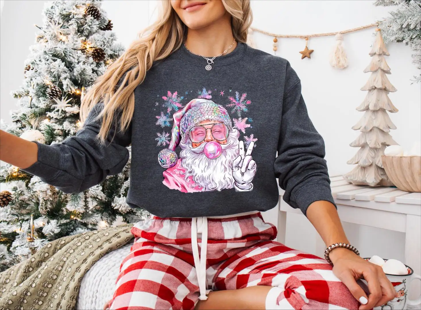 Coquette Bubble Gum Santa Claus T-shirt, Very Merry Christmas Tee, Winter Season Tee, Peace Santa Hoodie, Santa With Sunglasses Sweatshirt