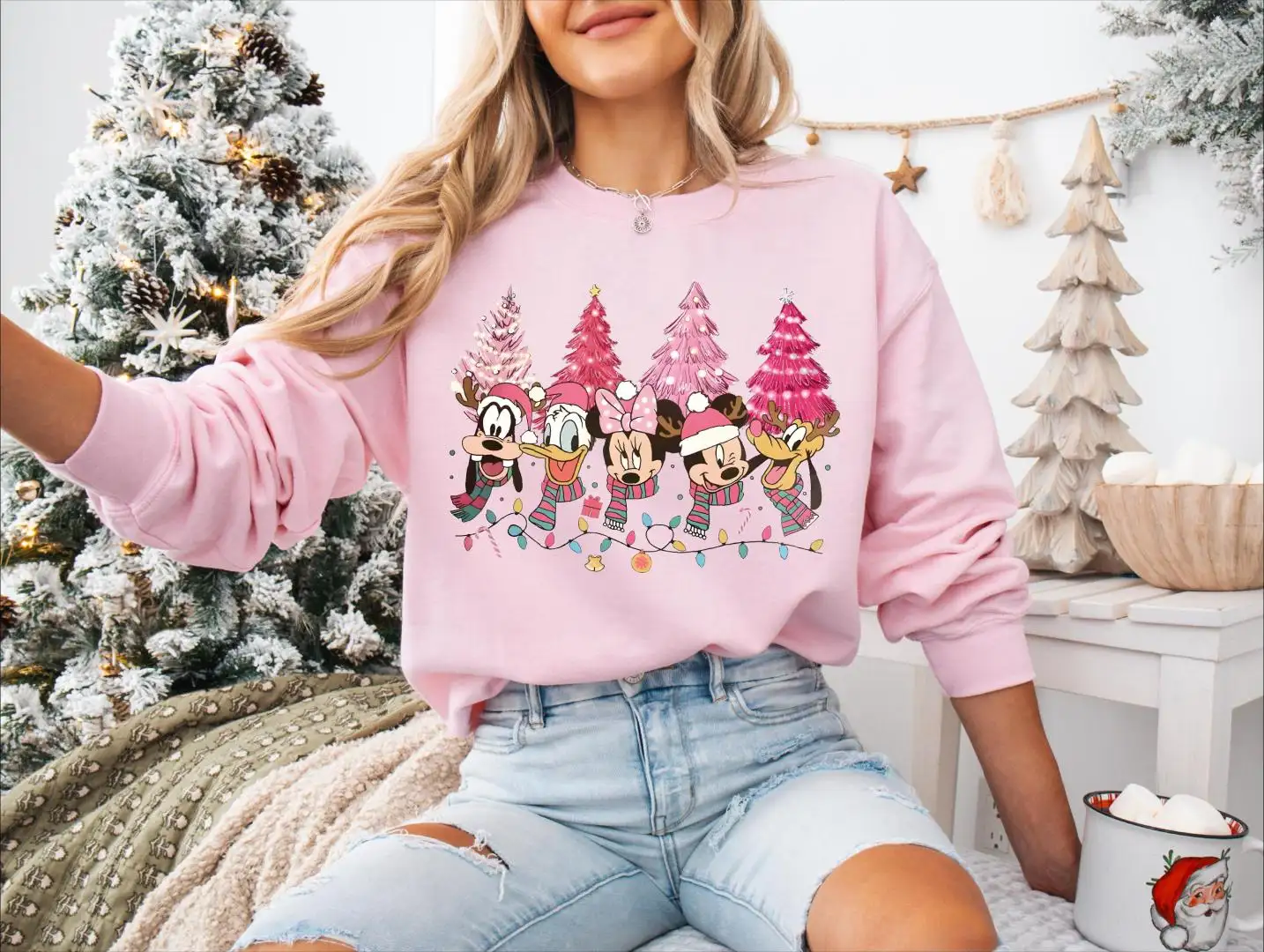 Christmas Trees Disney Mickey And Friends Pink Shirt, Holiday Season Tee, Disney Family Vacation Christmas Sweatshirt, Christmas Lights Tee