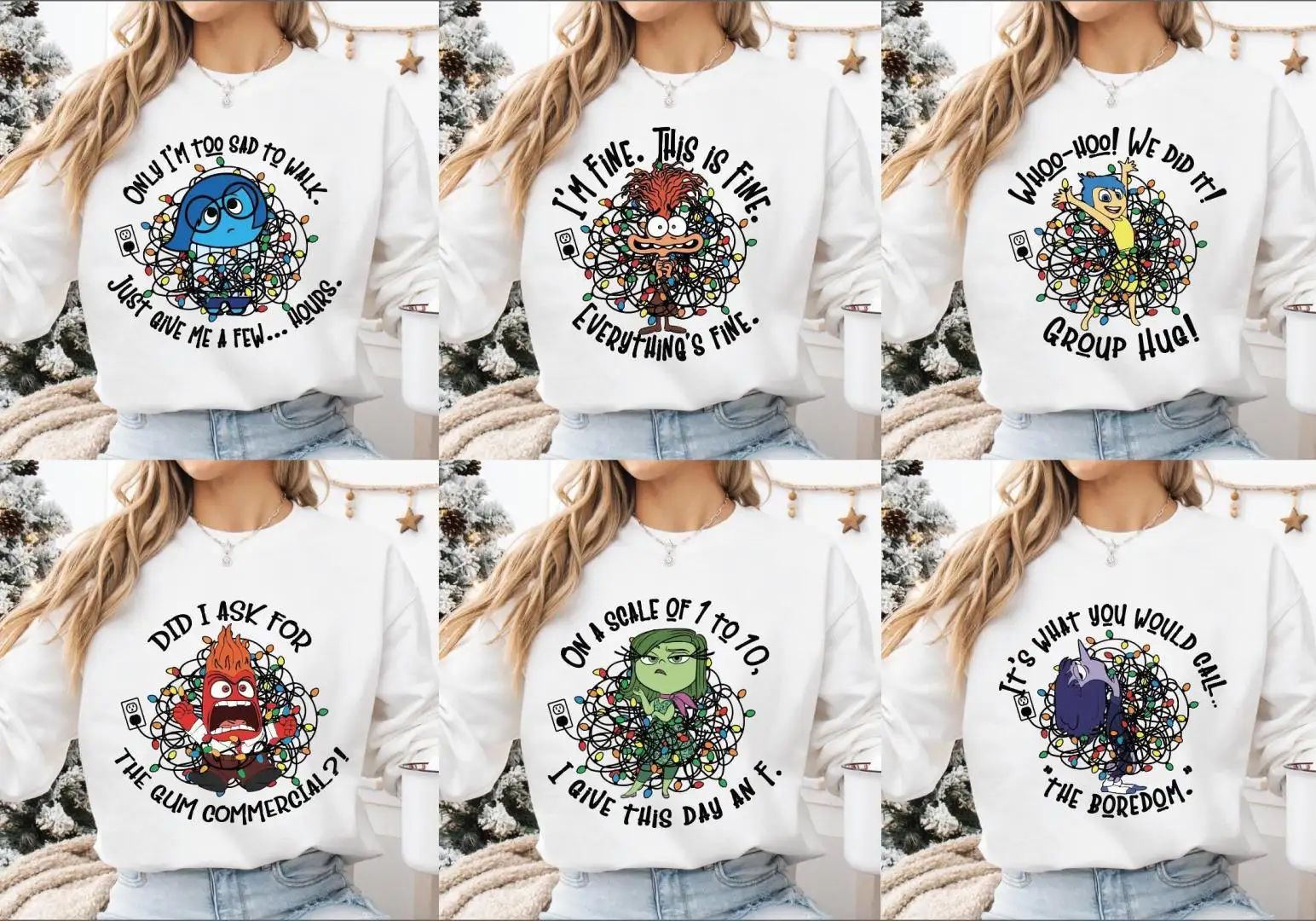 Inside Out Characters Quotes Christmas Lights Shirt, Anxiety Christmas Tee, I'm Fine Hoodie, Disneyland Family Matching Christmas Sweatshirt