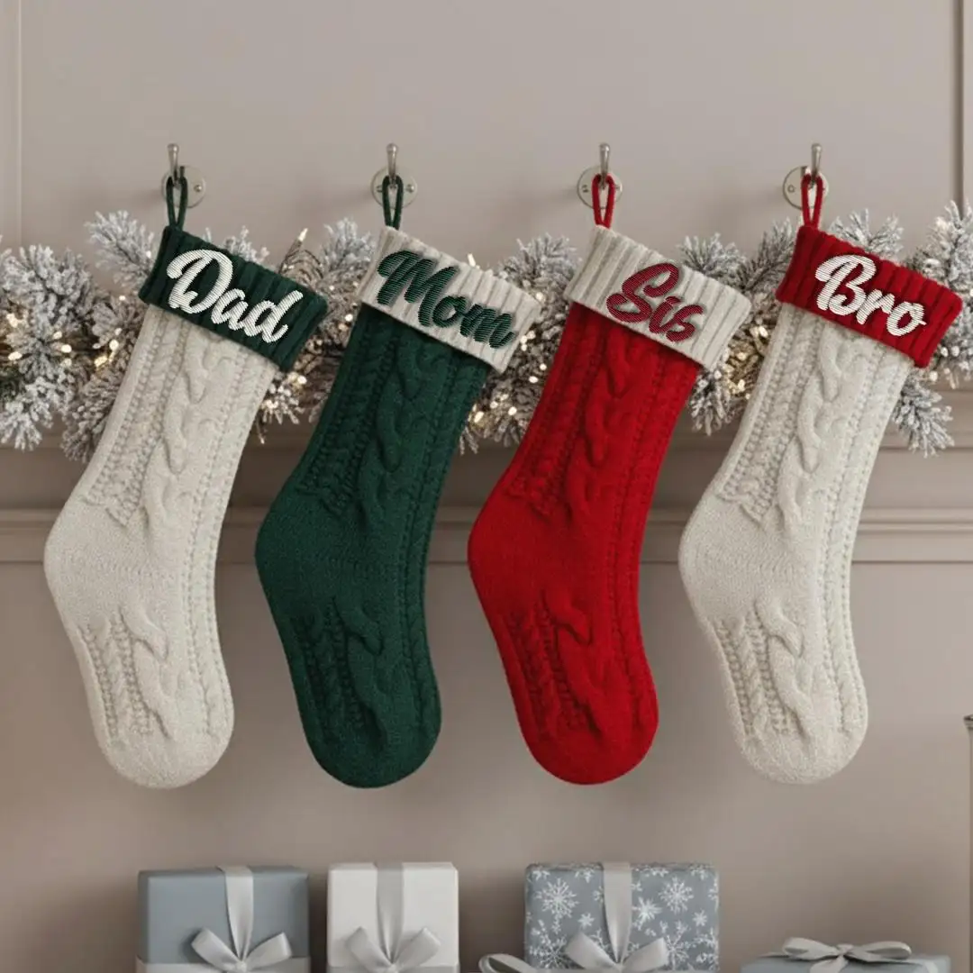 Custom Knitted Christmas Stocking, Embroidered Fireplace Socks, Christmas Custom Name Stocking Socks, Christmas Knit Stocking