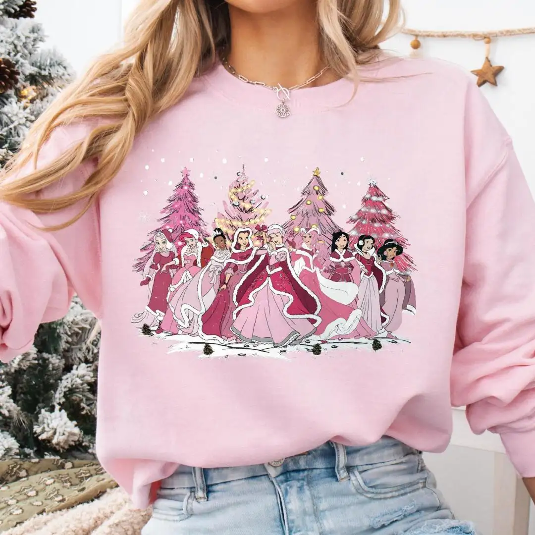 Pink Princesses Christmas Tree Shirt, Disney Christmas Girls Trip, Family Christmas Sweatshirt, Disney Holiday, Pink Christmas Tree T-shirt