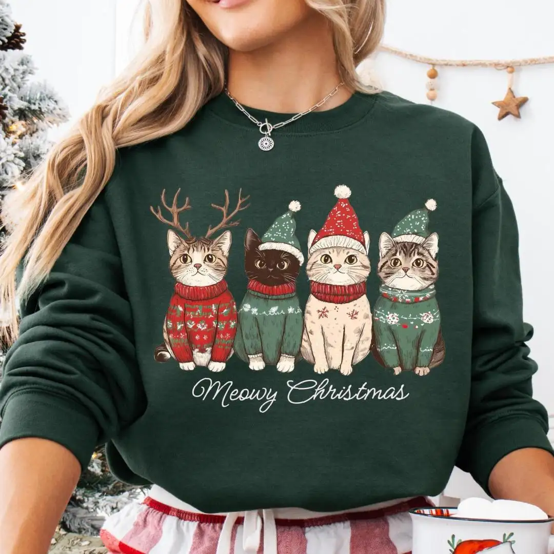 Meowy Christmas Sweatshirt, Christmas Santa Hat Cats Sweater, Merry Christmas Shirt, Cats Christmas Shirt, Winter Cat Sweater