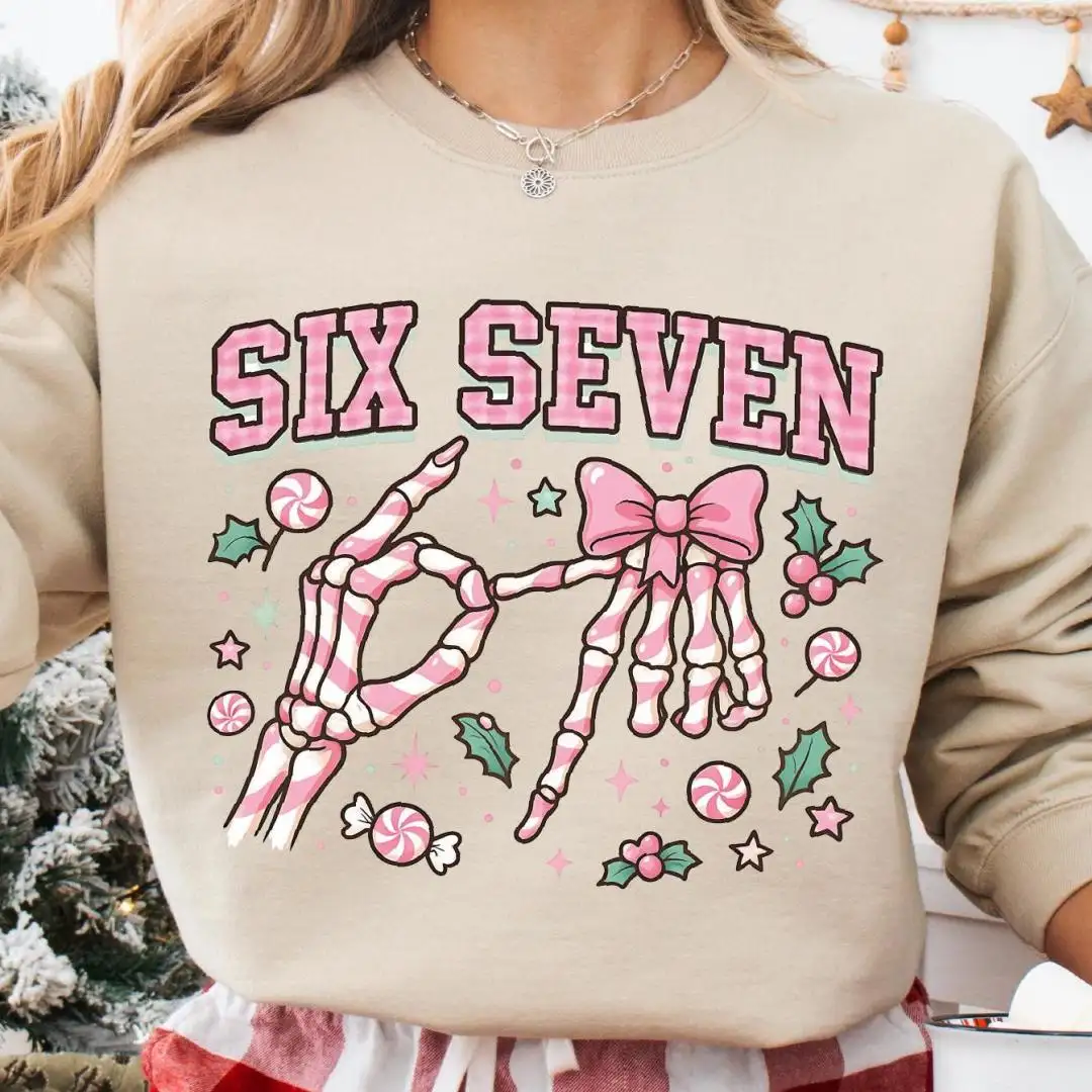 Six Seven Skeleton Hands Christmas Candy Shirt, Six Seven Meme Tee, Merry Christmas Pink 67 Sweatshirt, Funny Christmas Meme Sweater