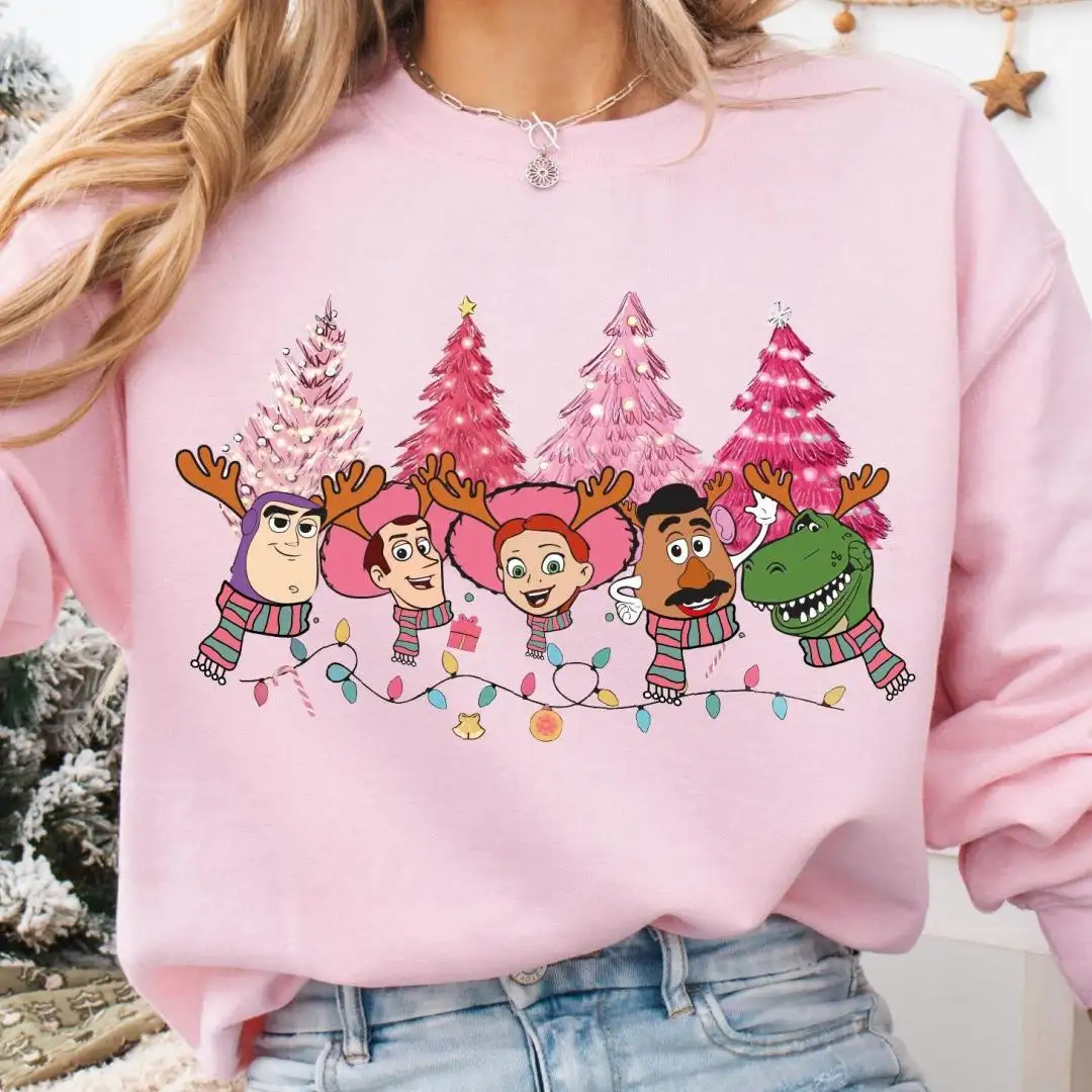 Disney Toy Story Characters Pink Christmas Trees Shirt, Disney Family Trip Christmas Sweatshirt, Christmas Light Sweater, Holiday Season Tee