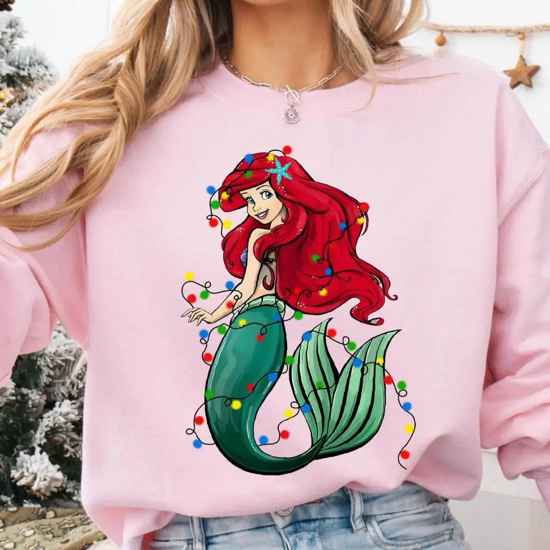 Princess Ariel Christmas Shirt, Disney Christmas Girls Trip Sweatshirt, Ariel Xmas Lights Tee, Disneyland Family Christmas Hoodie