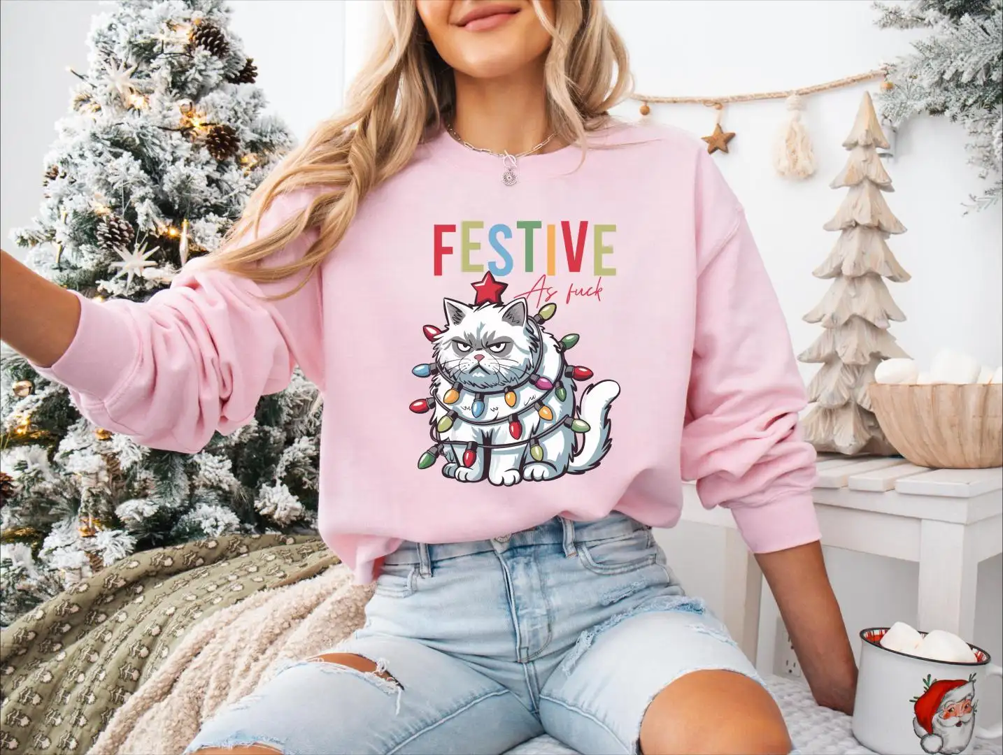 Festive As Fuck Christmas Shirt, Winter Holiday Shirt, Cat With Christmas Lights Tee, Very Merry Christmas Hoodie, Christmas Cat Sweatshirt