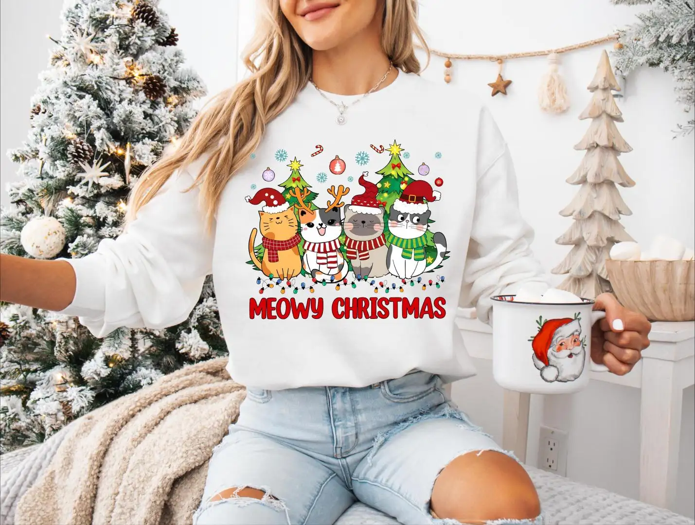 Meowy Christmas Shirt, Merry Christmas Cats Shirt, Cats Lover Sweatshirt, Winter Vacation Trip Shirt, Christmas Tree Hoodie