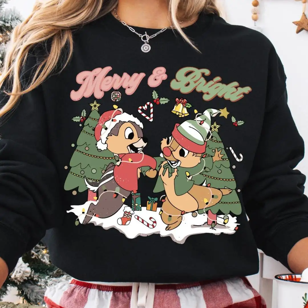 Vintage Merry & Bright Chip 'N Dale Shirt, Double Trouble Christmas Shirt, Disney Santa Chip And Dale Christmas Lights Sweatshirt