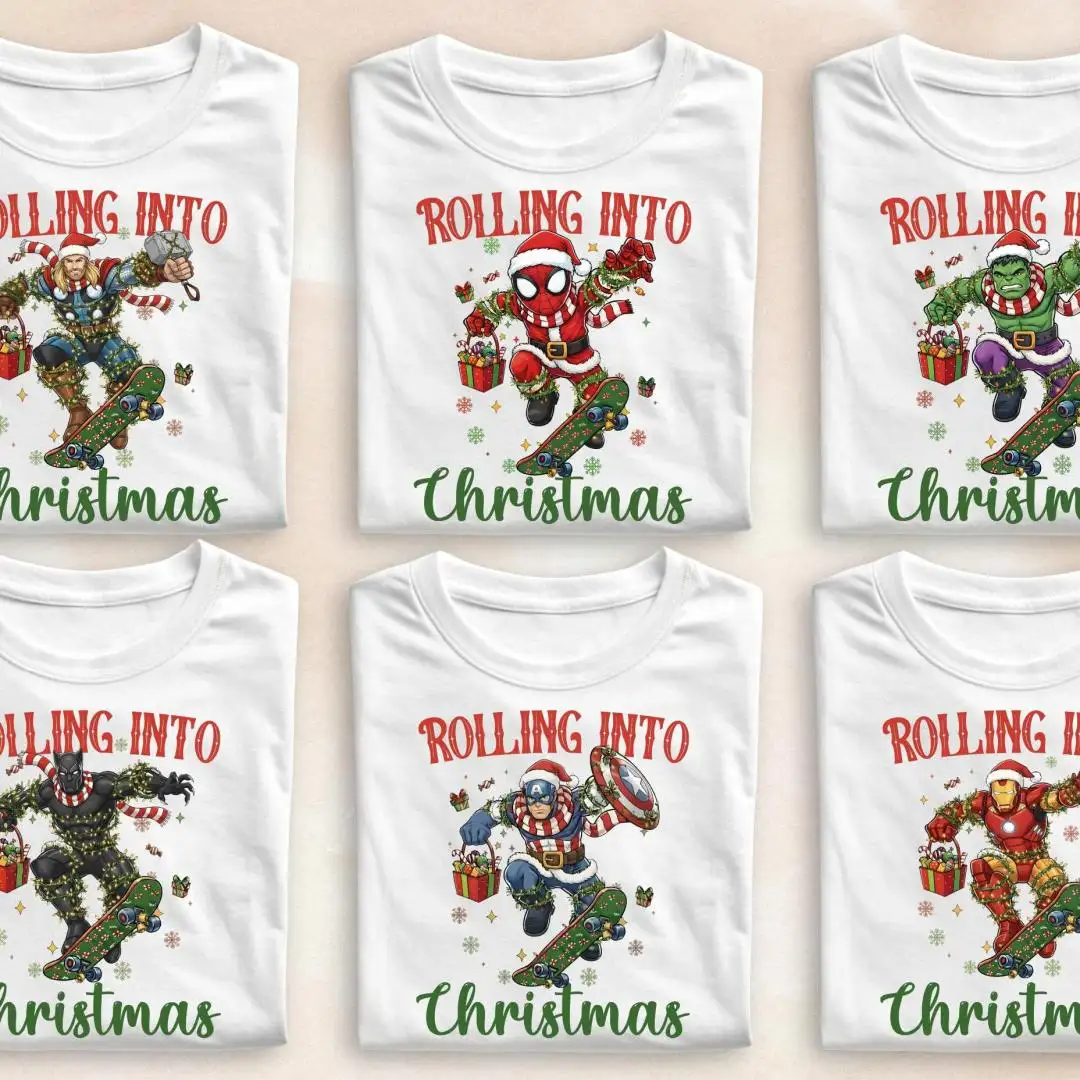 Rolling Into Christmas Super Hero Shirt, Christmas Family Trip Sweater, Disney Super Heroes Christmas Lights Sweatshirt, Funny Xmas Tee