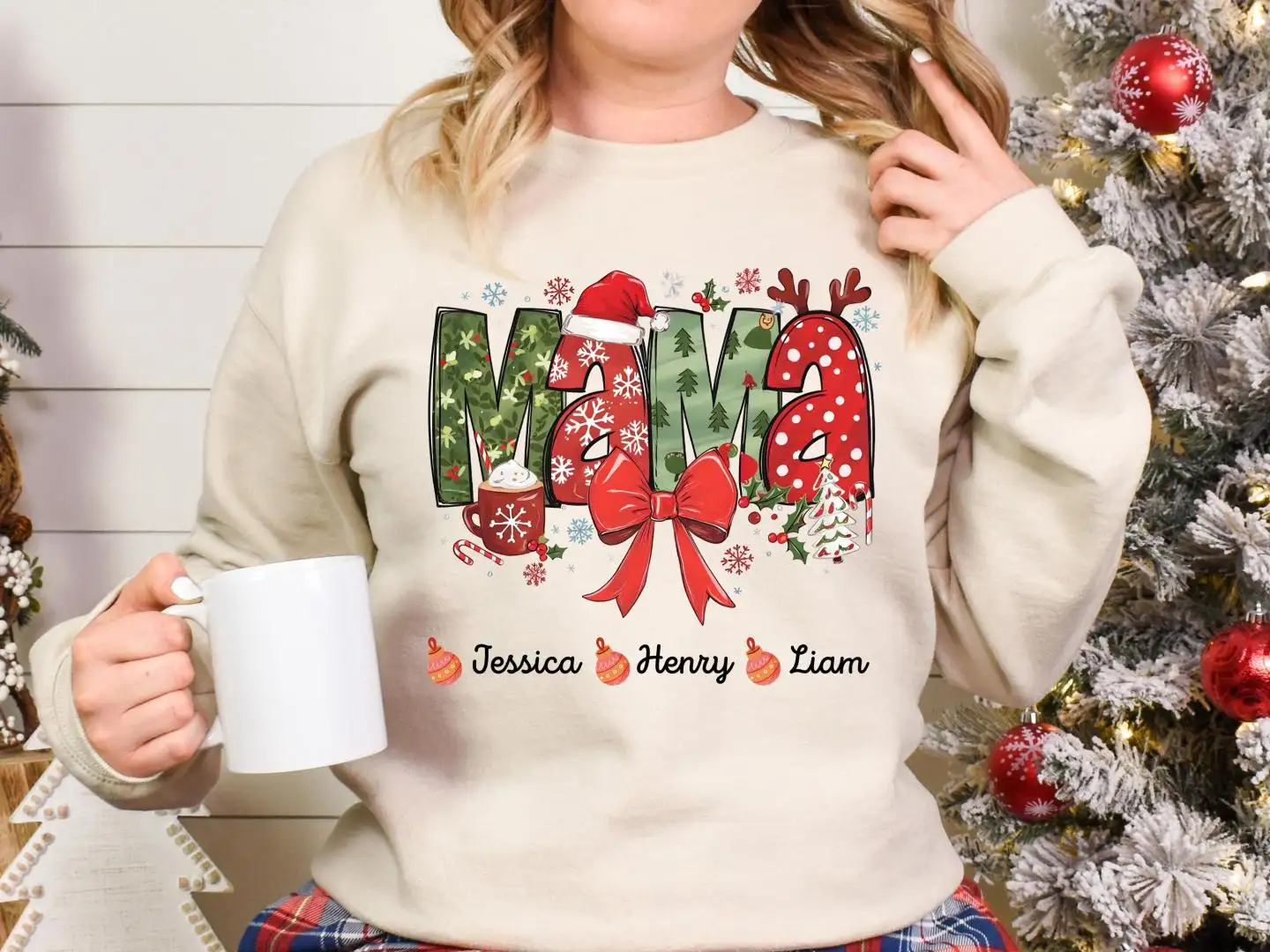 Christmas Mama Kids Name Shirt, Christmas Mom Gift, Coquette Bow Christmas Mama, Christmas Mama Claus Sweater., Custom Christmas Mama Shirt