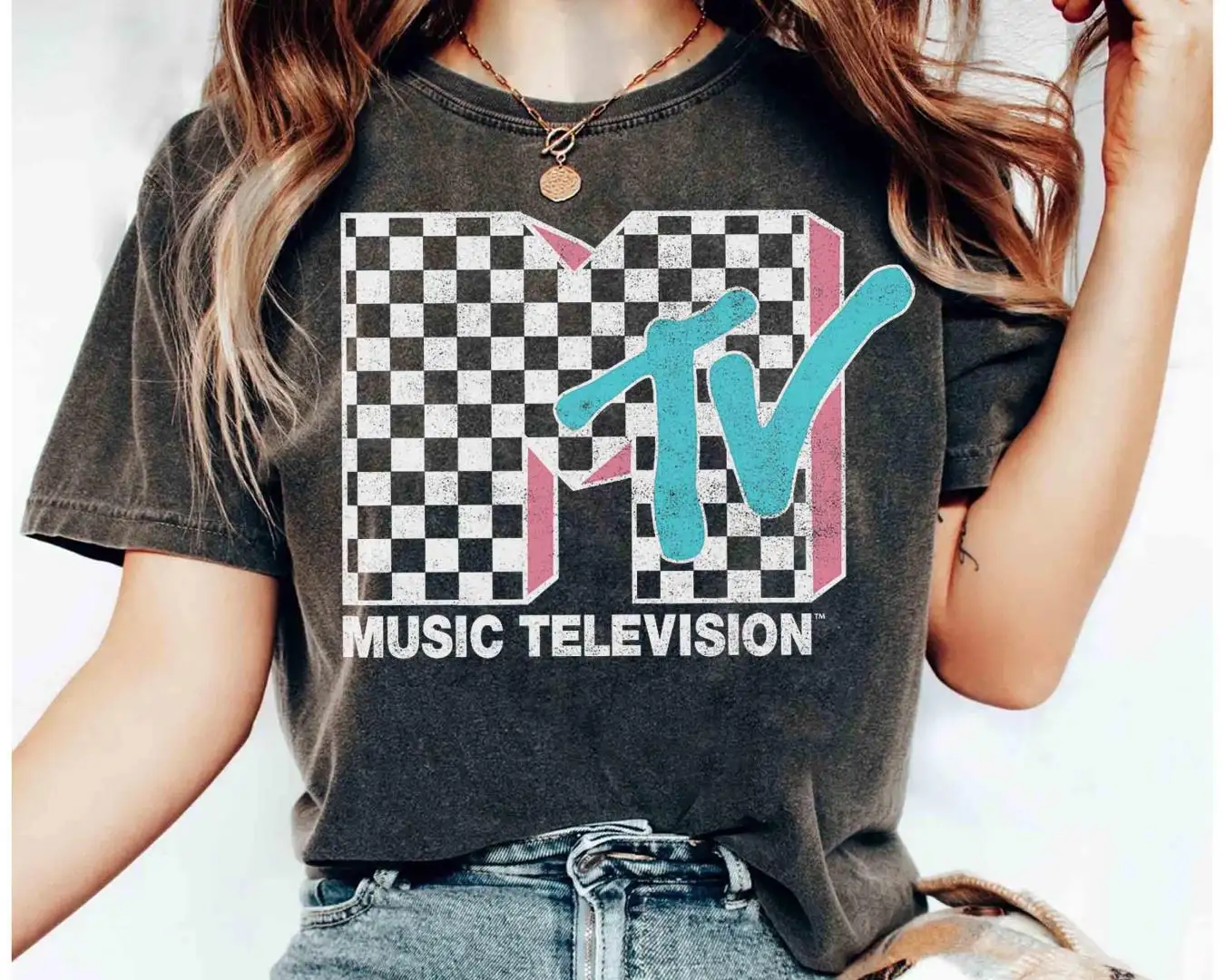 Vintage MTV Neon Distressed Checkered Logo Graphic Shirt