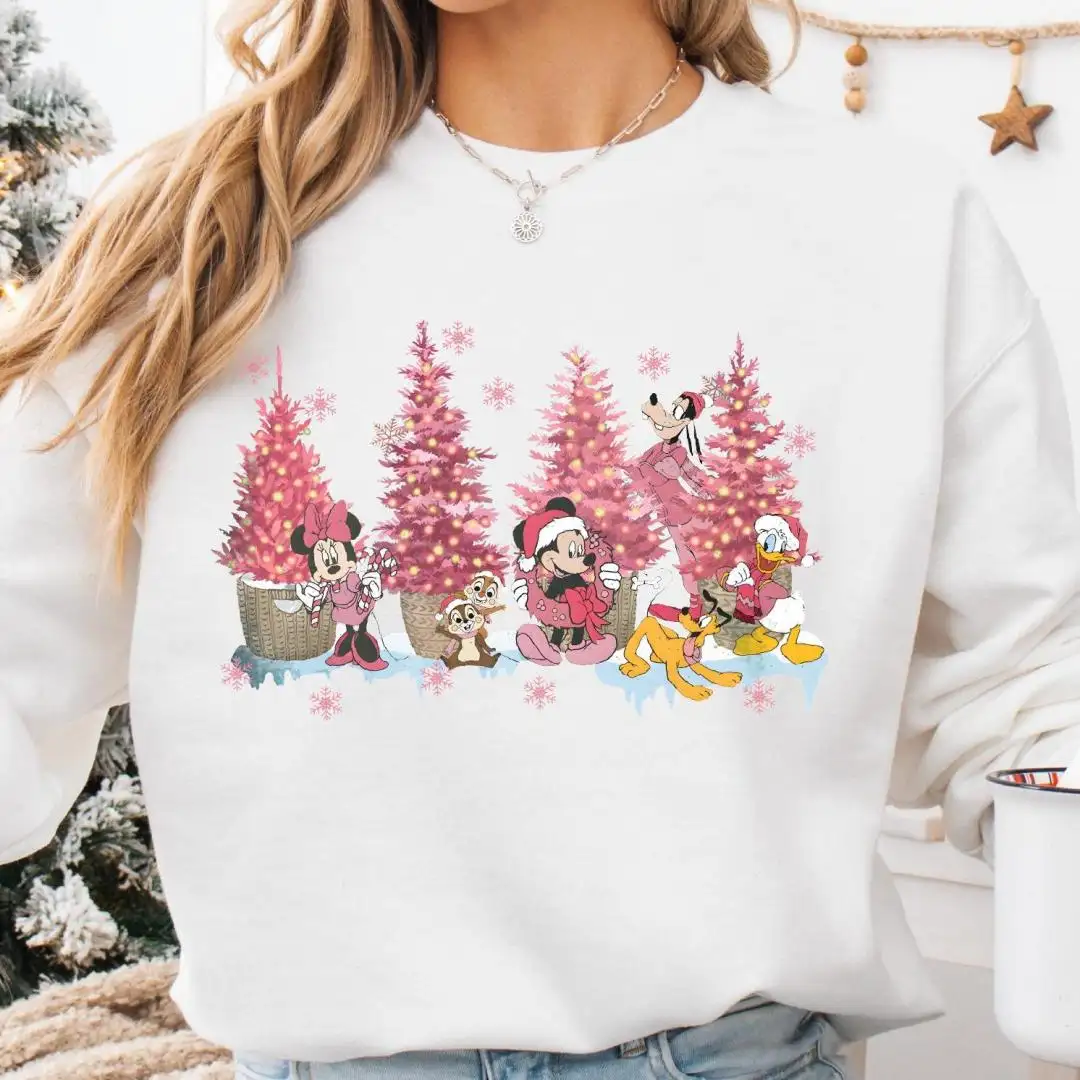 Mickey and Friends Disney Christmas Sweatshirt, Disneyland Pink Christmas Trees Tee, Mickey's Very Merry Christmas Shirt