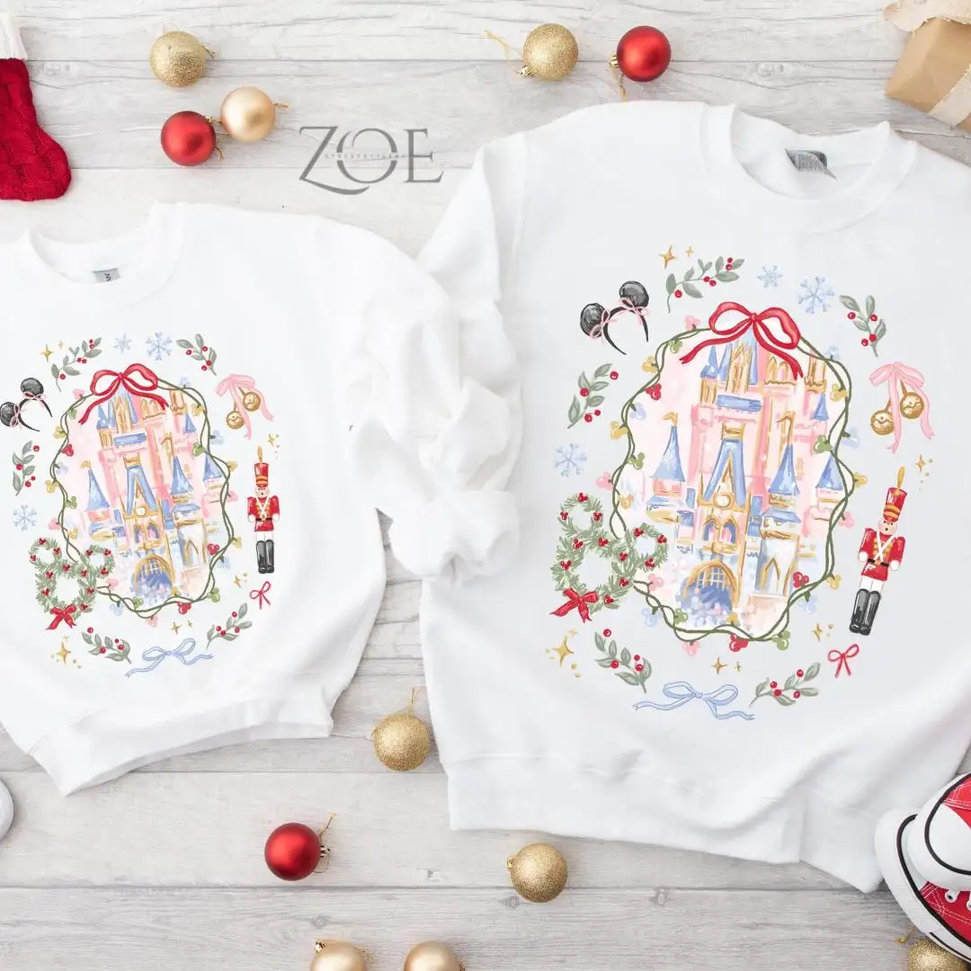 Disney Coquette Bow Christmas Sweatshirt , Disney Magic Castle Christmas Sweater, Mickey xmas Shirt, Disney Trip Shirt Nutcracker