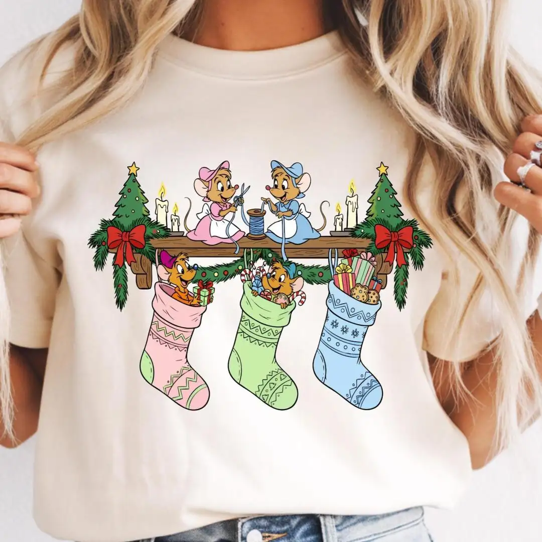 Retro Jaq Gus Gus Christmas Shirt Princess Cinderella Mouse Stocking WDW Disneyland Family trip Christmas matching shirt