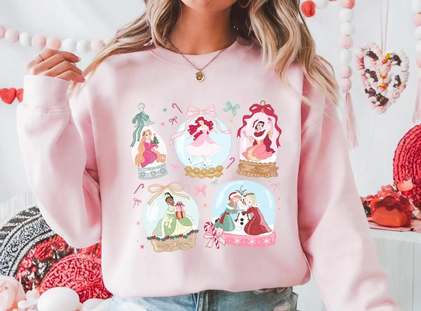 Disney Christmas Princess Coquette Sweatshirt Snow Globe Rapunzel Tiana Ariel Snow White Anna Elsa Princess Tee Disney Christmas Princess
