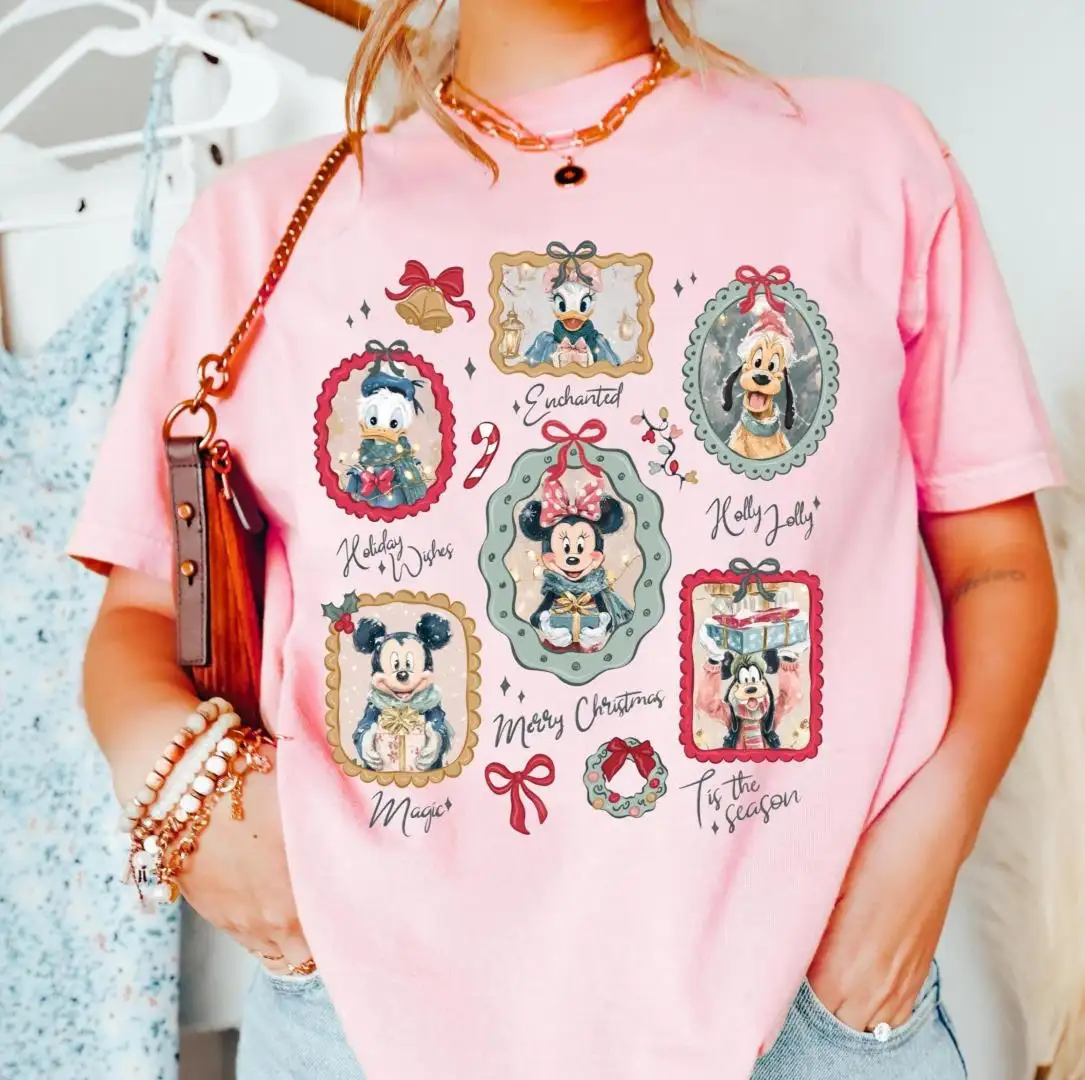 Vintage Coquette Bow Mickey and Friends Christmas Shirt, Disney Holiday Tee, Family Xmas Tee, Disney Mickey's Merry Christmas