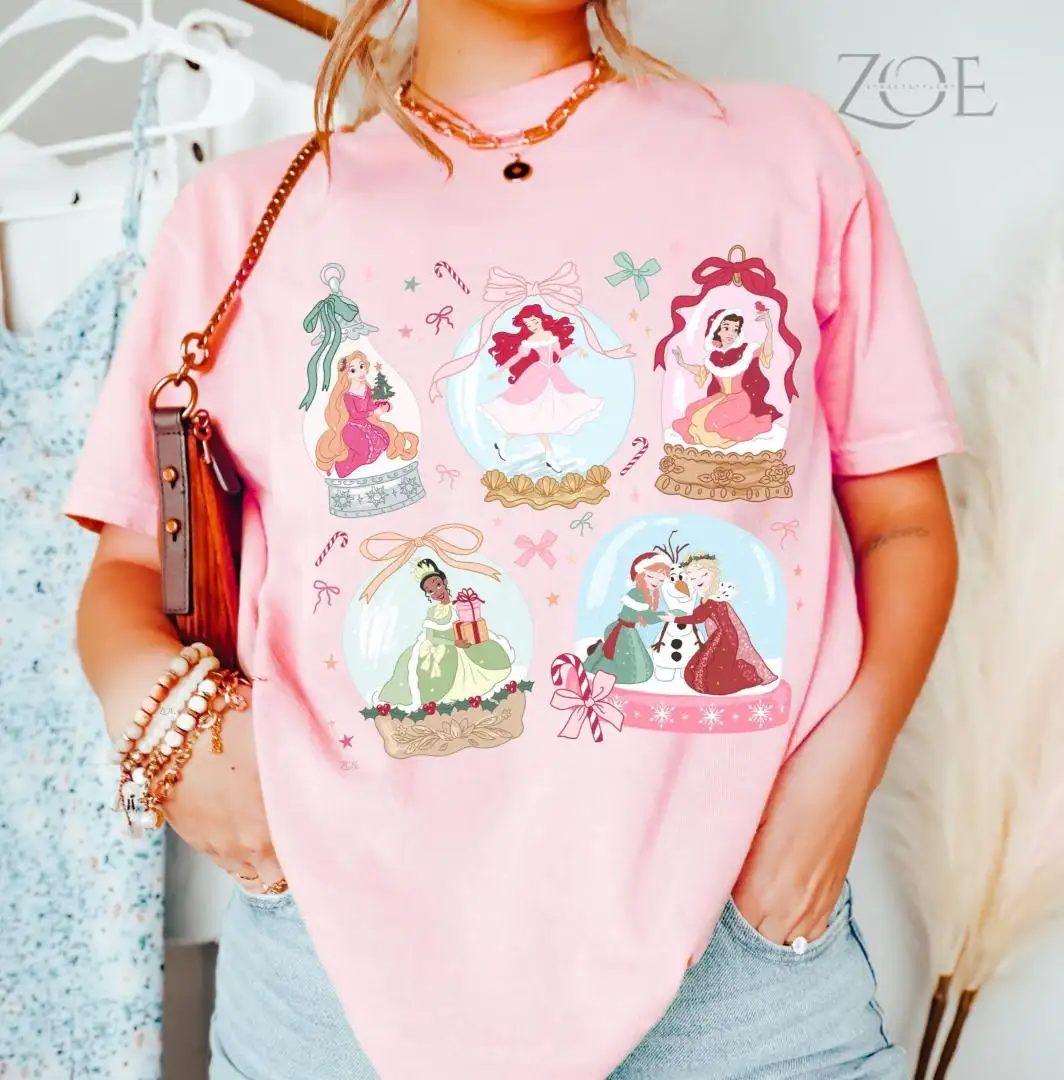 Comfort Color Disney Christmas Princess Coquette Tee, Snow Globe Rapunzel Tiana Ariel Snow White Anna Elsa Princess Tee Coquette Disney Trip
