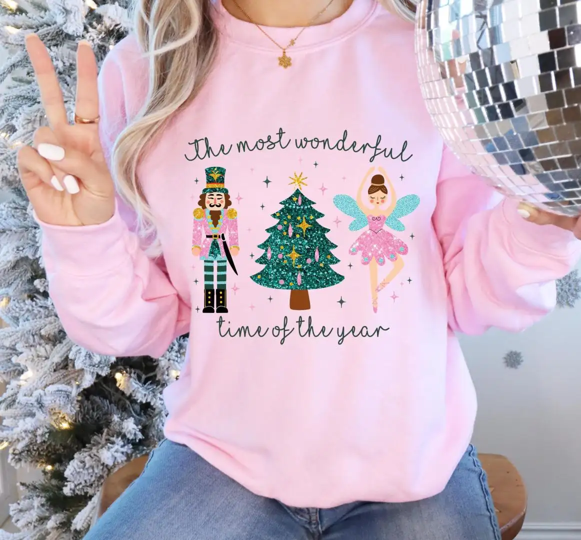 The Most Wonderful Time Of Year Sweatshirt, Pink Nutcrackers Christmas Shirt, Merry Christmas Tee, Faux Glitter Nutcrackers Sugar Plum Fairy