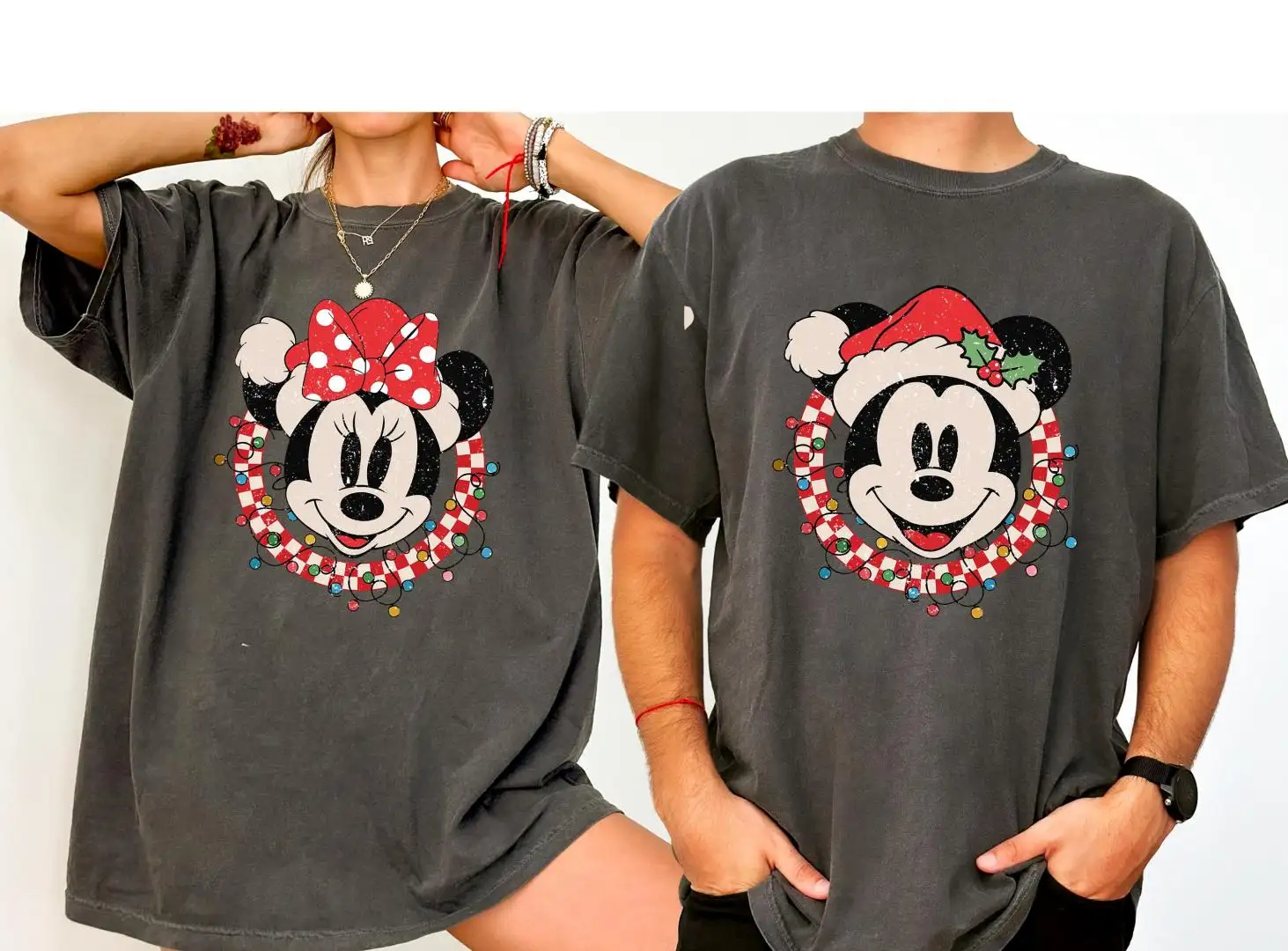 Vintage Mickey Minnie Checkered Shirt, Christmas Couple Shirt, Retro Disney matching Shirt, Disney Christmas Shirt, Disney Christmas Party
