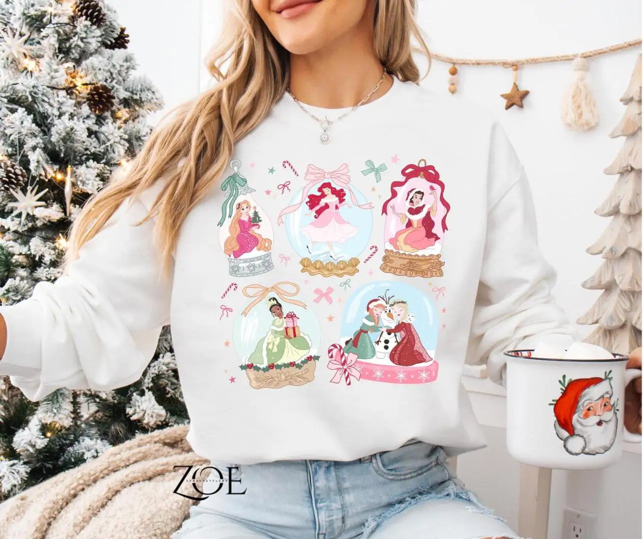 Disney Christmas Princess Coquette Sweatshirt Snow Globe Rapunzel Tiana Ariel Snow White Anna Elsa Princess Tee Disney Christmas Princess
