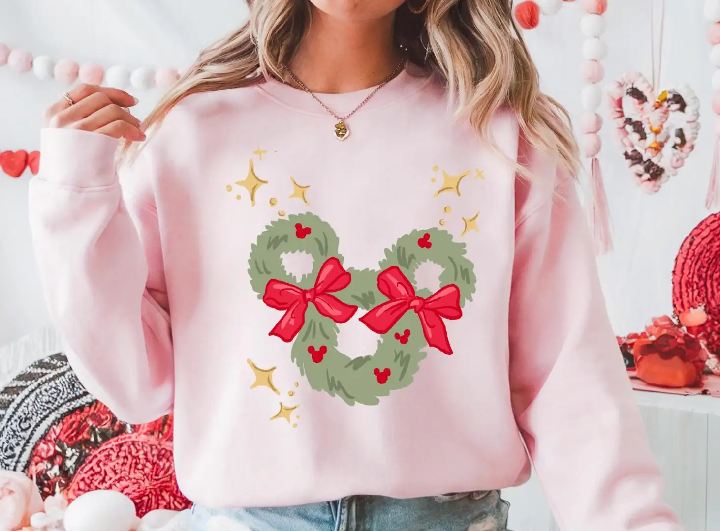 Disney Coquette Bow Christmas Mouse Ear Sweatshirt Disney Mickey Xmas Shirt Disney Christmas Wreath Shirt Christmas 2025 Party Gift