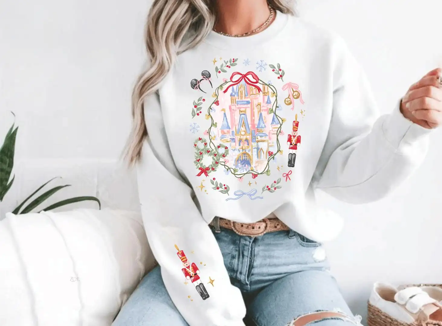 Disney Coquette Bow Christmas Sweatshirt with Nutcracker Mickey Xmas Shirt Disney Magic Castle Christmas Sweater Disney Trip Shirt