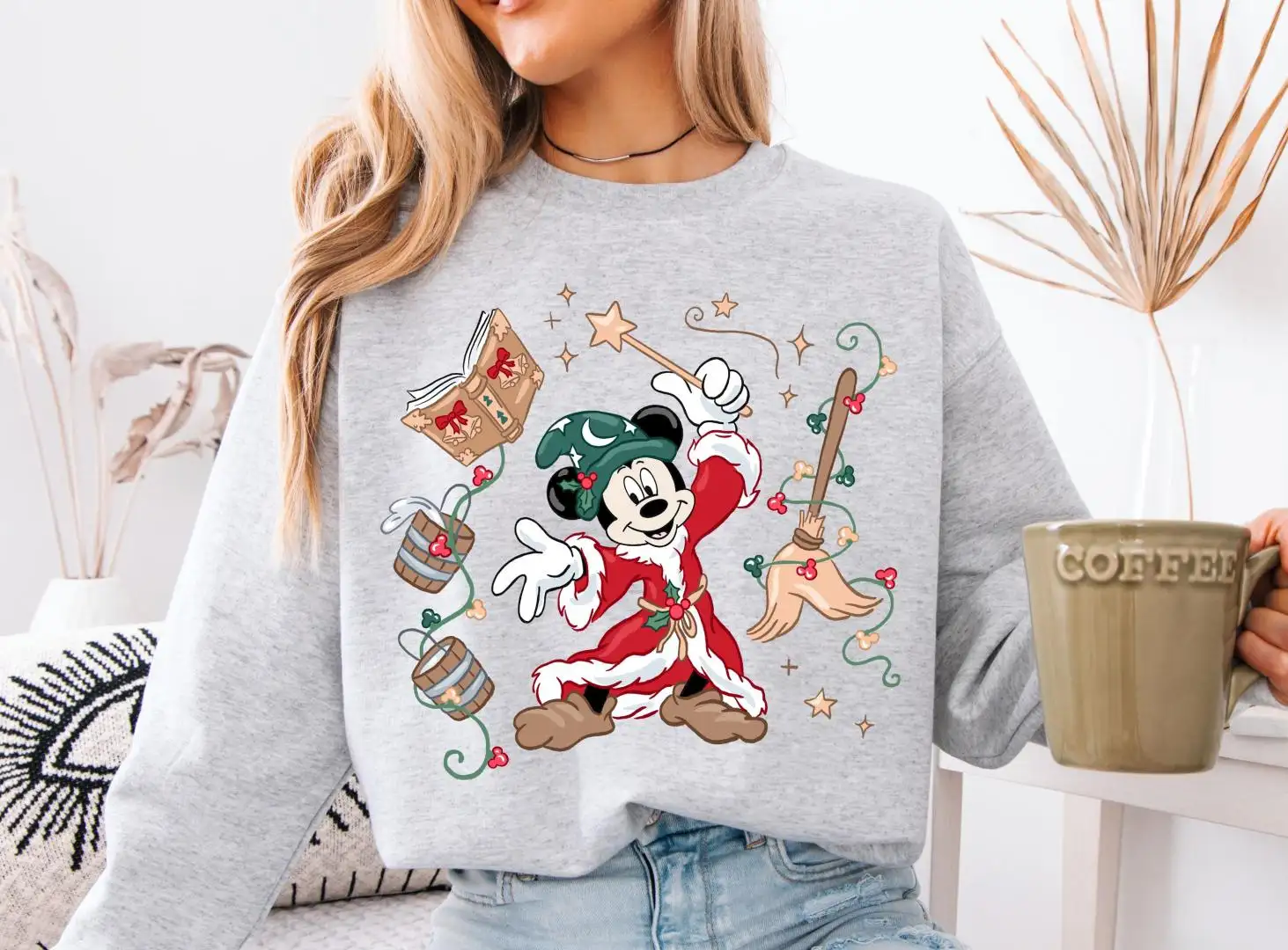 Mickey Fantasia Santa Disney Christmas Sweatshirt, Mickey's Very Merry Christmas, Fantasmic Sorcerer Mickey Wizard Family Christmas Lights