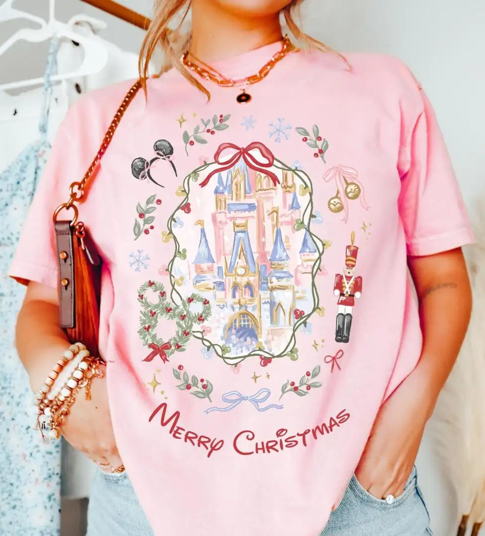 Comfort Colors Coquette Bow Disney Castle Christmas Shirt, Girly Nutcracker Xmas, Merry Christmas Party Shirt, Magic Kingdom
