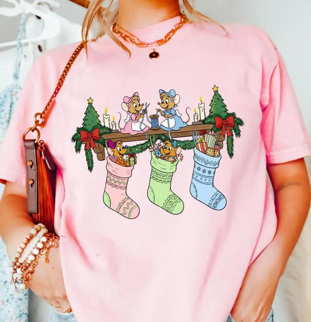 Vintage Jaq Gus Gus Christmas Shirt Princess Cinderella Mouse Stocking WDW Disneyland Family trip Christmas matching shirt