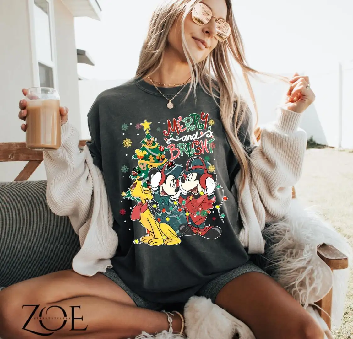 Retro Mickey Minnie Christmas Merry and Bright Shirt, Xmas Shirt, Disney Mickey and Friends Christmas Lights Tee, Disney Christmas Tree Shirt