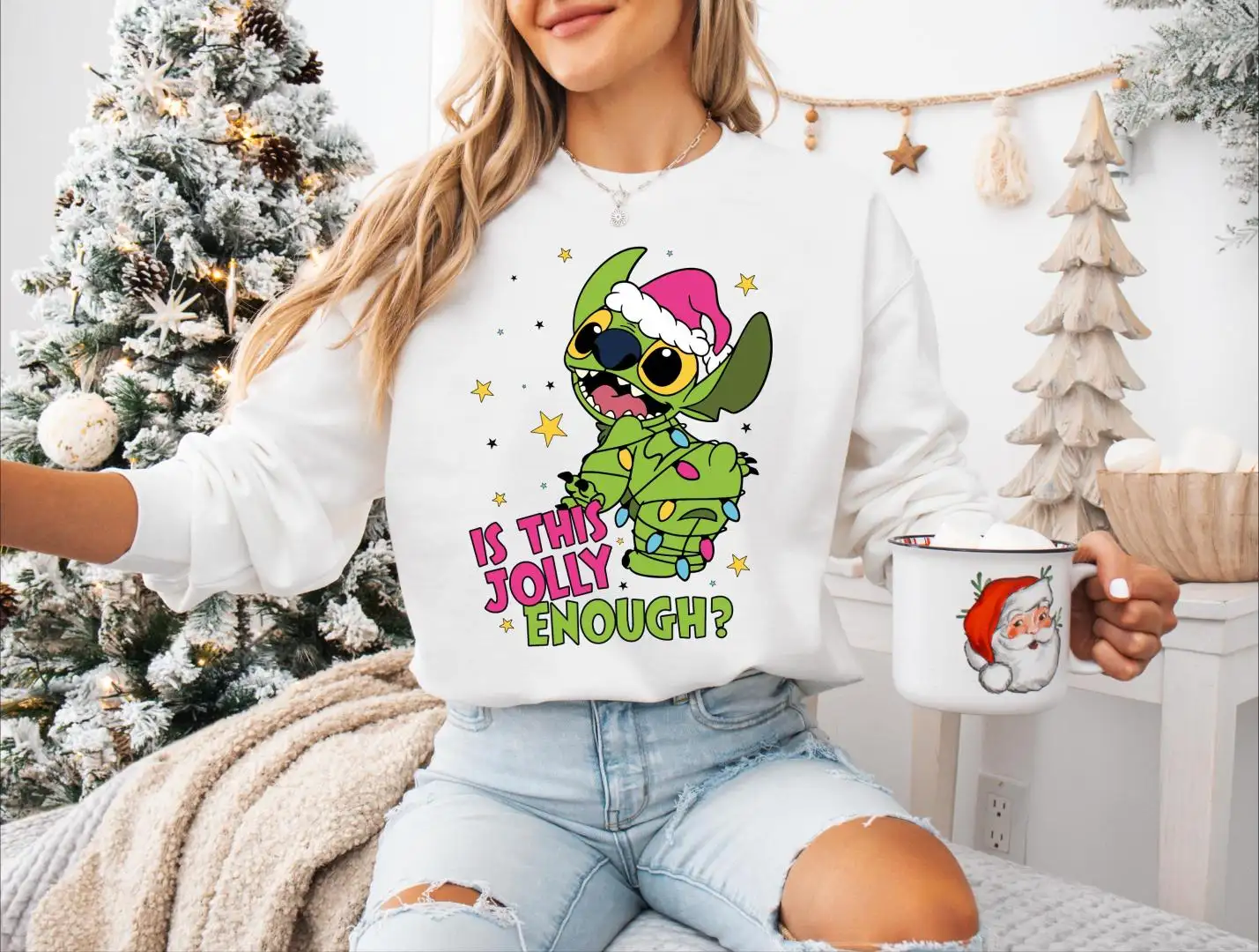 Is This Jolly Enough Stitch Christmas Shirt, Christmas Lights Jolly Stitch, Disney Stitch Christmas Sweatshirt, Funny Green Stitch Sweater