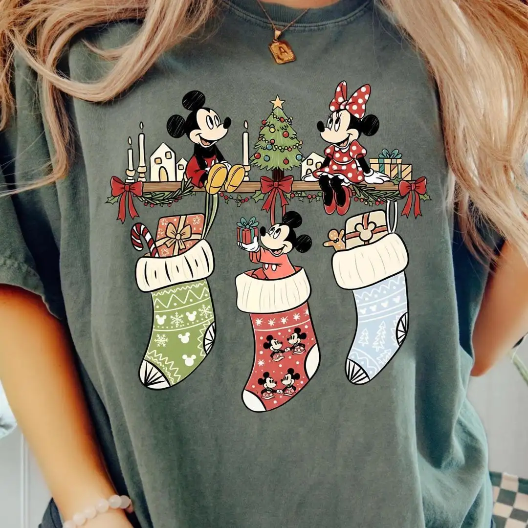 Comfort Colors® Mickey and Minnie Christmas Shelf Tee, Disney Mickey Stocking Shirt, Christmas trip, Cute Disney Xmas Trip Shirt