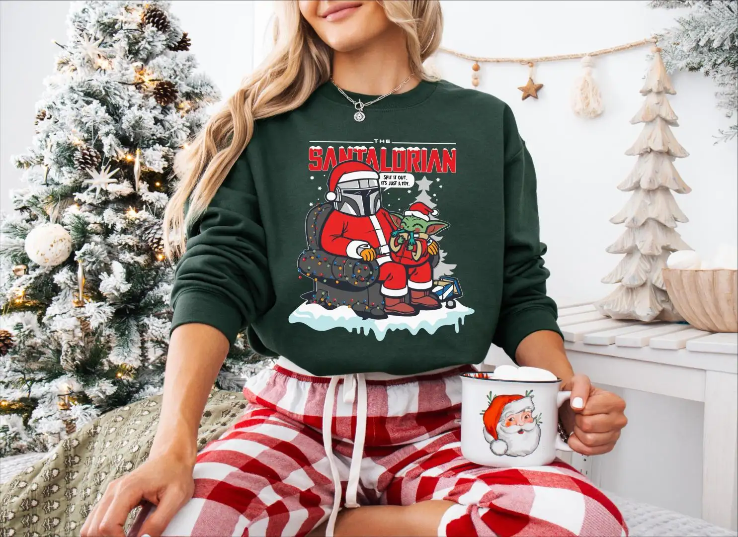 The Santalorian Christmas Shirt, Christmas Family Shirt, Funny Star Wars Baby Yoda and Boba Fett Christmas Sweater, Star Wars Christmas Tee