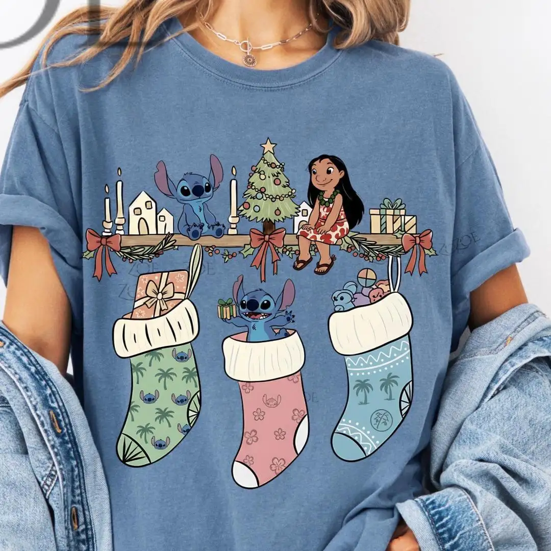 Comfort Colors Disney Stitch Christmas Stocking Shirt, Christmas Stitch Tee, Stitch and Lilo Christmas T-Shirt, Disney Christmas Shirt