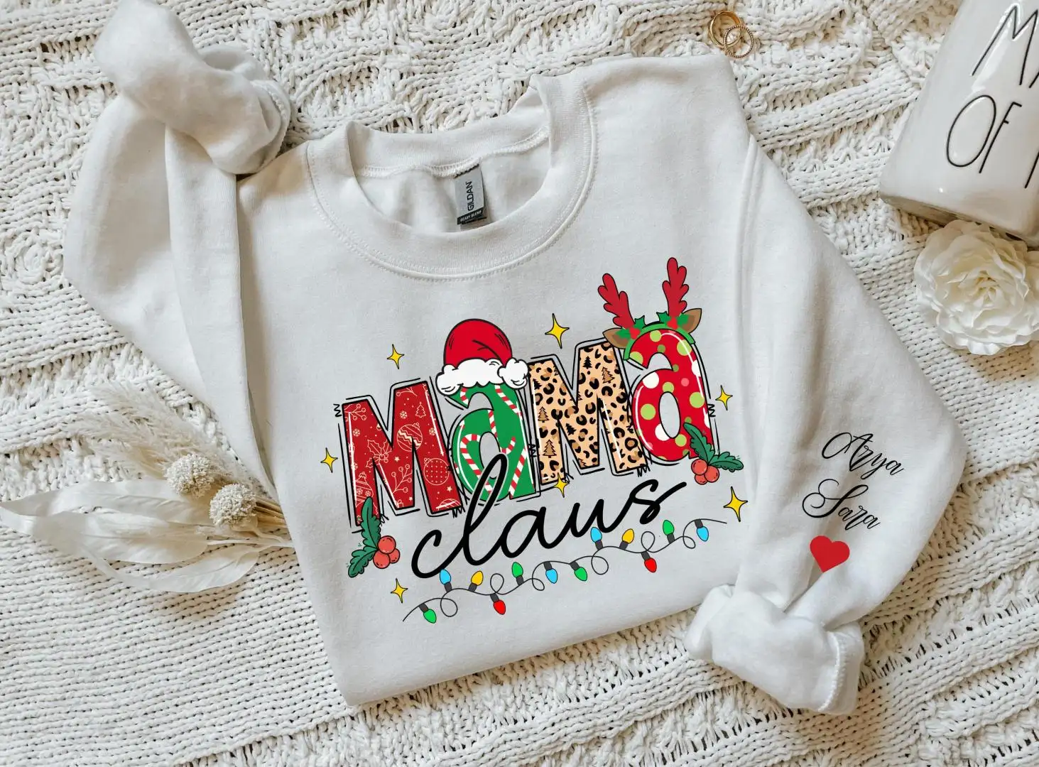 Custom Mama Nana Gigi Auntie Christmas Sweatshirt, Custom Mom Sweatshirt, Gift for Christmas, Mama Sweatshirt With Kid Name On Sleeve