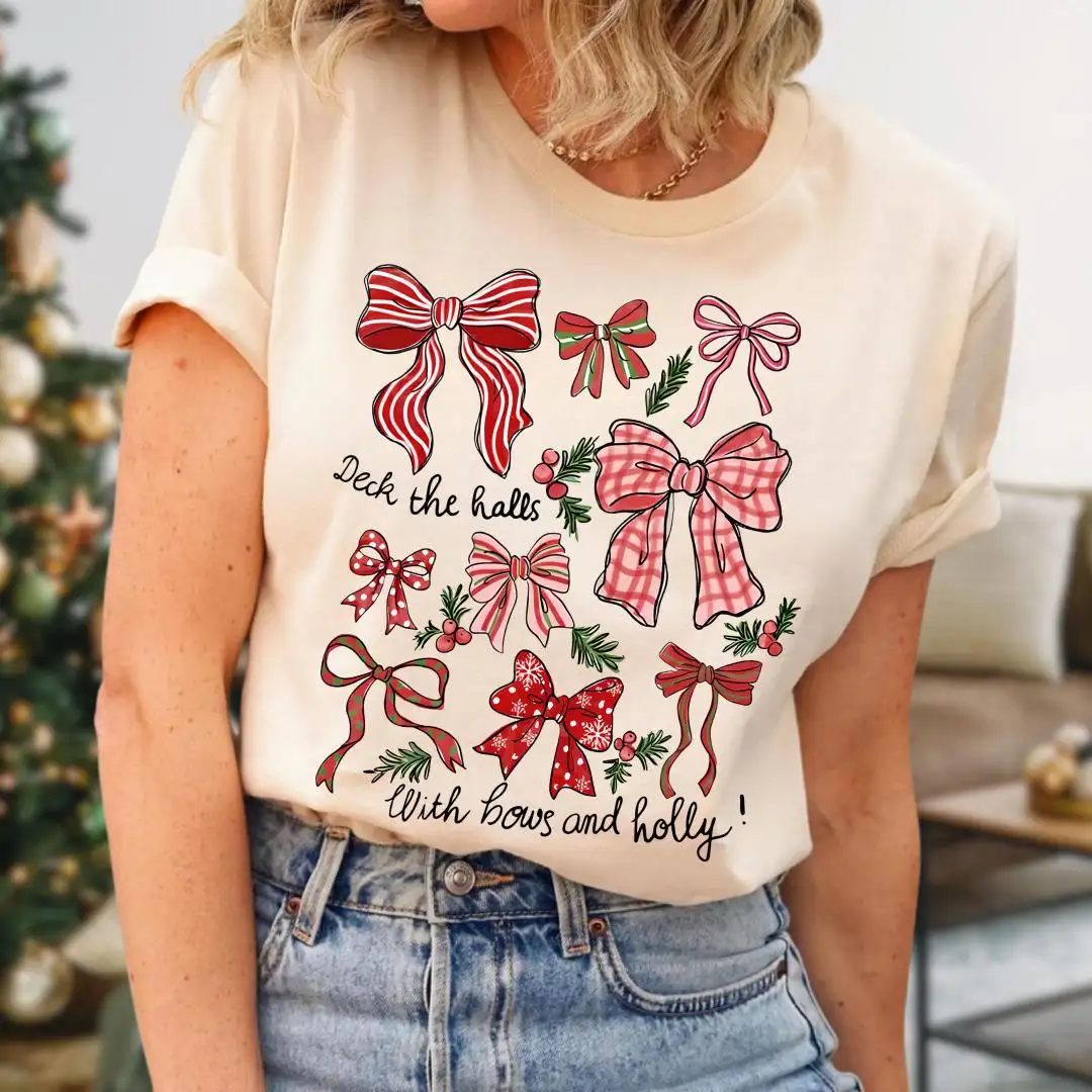 Christmas Coquette Bow Shirt, Coquette Bow Tee, Deck The Halls Tee, Girly Christmas Shirt, Holiday Shirt For Women, Cute Xmas Gift For Girl