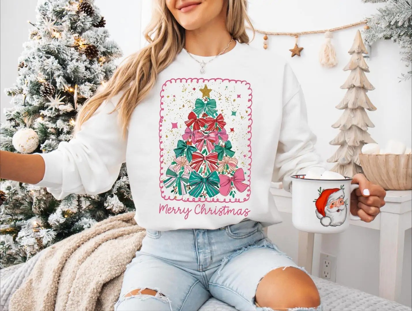 Merry Christmas Bow Tree Shirt, Girly Christmas Tee, Shiny Xmas Shirt, Merry Christmas Sweatshirt, Coquette Bow Christmas Tree Sweater