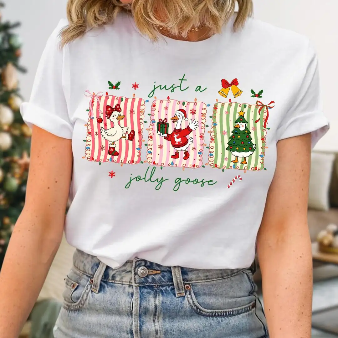 Just a Jolly Goose Christmas T-Shirt, Cute Festive Animal Tee, Funny Holiday Goose Shirt, Whimsical Xmas Gift For Her Him, Santa Goose Top