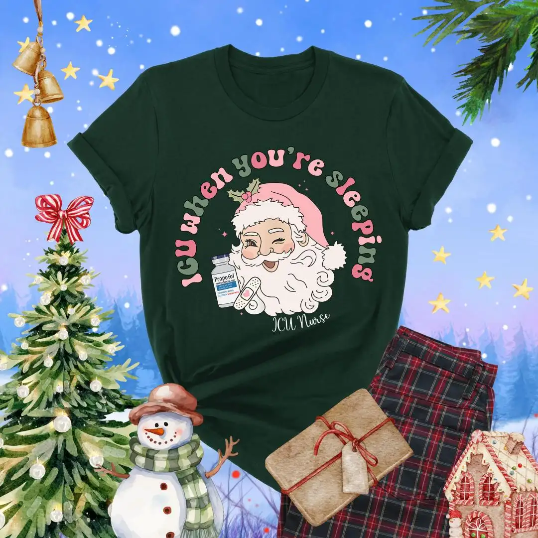 ICU When You're Sleeping Shirt, Pink Santa Shirt, Christmas Nurse Crew Tee, Christmas Nurse Gift, Funny ICU Nurse Shirt, Santa Nurse T-Shirt