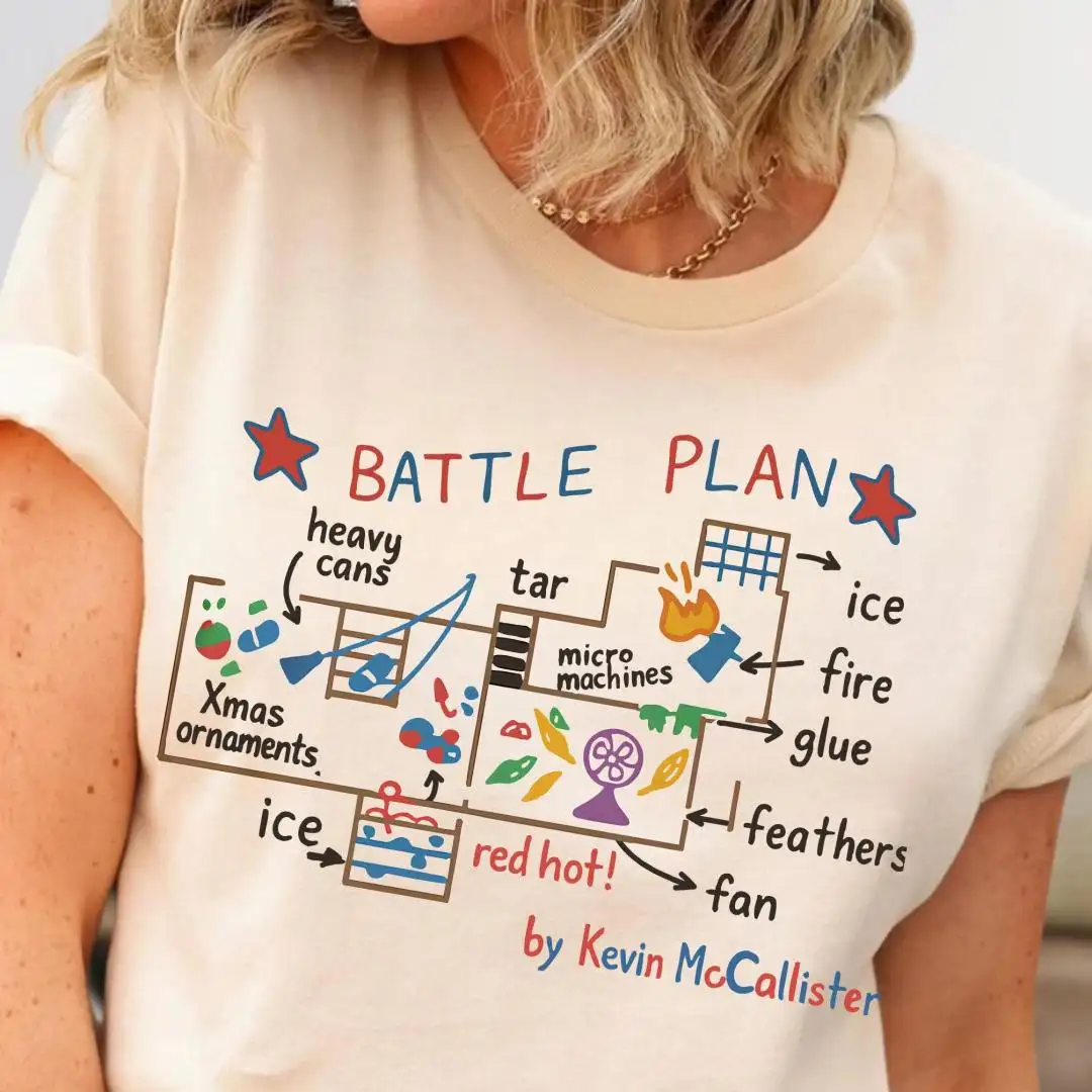Battle Plan Christmas Shirt, Festive Xmas Gift, Cute Home Alone Inspired Top, Kevin Style Trap Map Graphic, Funny Holiday Movie Tee