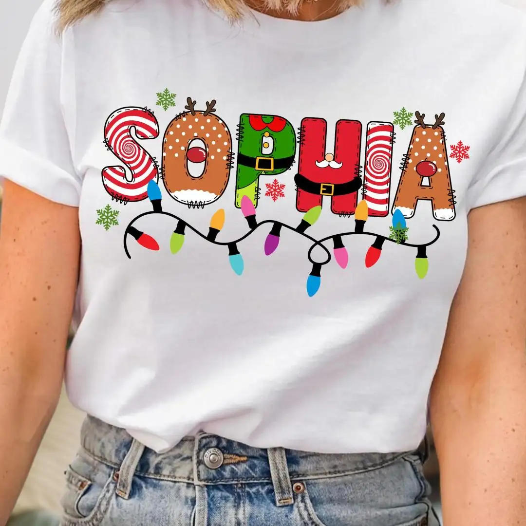 Custom Name Christmas Shirt, Festive Xmas Gift, Cute Christmas Lights Name Top, Gingerbread Candy Name Shirt, Personalized Kids Holiday Tee