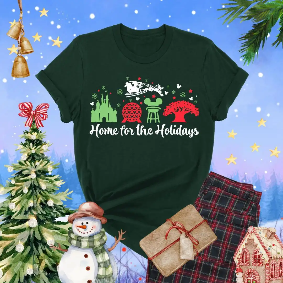 Home for the Holidays Disney Christmas Shirt, Epcot Castle Tree Animal Kingdom Tee, Disney Family Vacation Matching Holiday T-Shirt