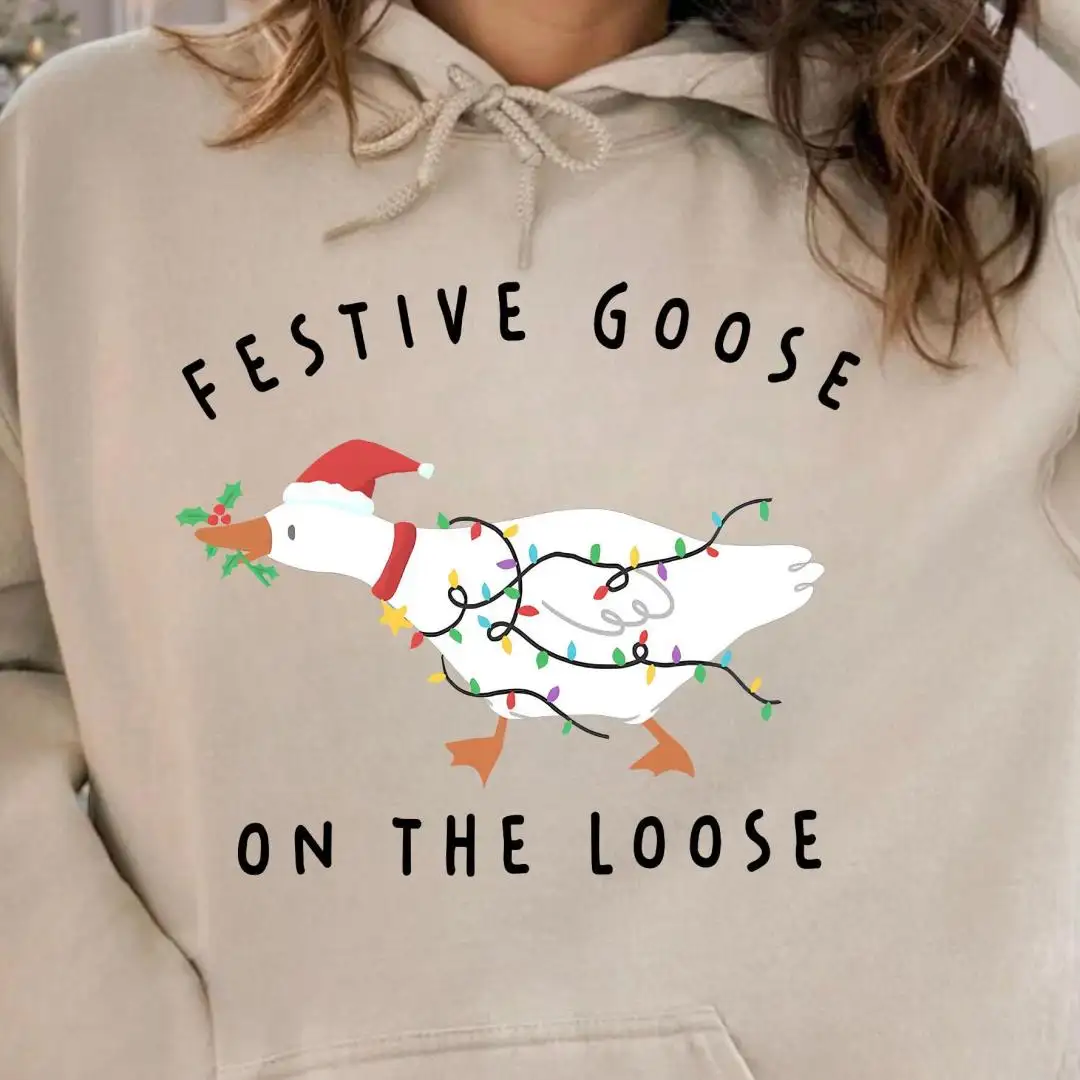 Festive Goose On The Loose Sweatshirt, Funny Christmas Goose Hoodie, Xmas Lights Animal Hoodie, Ugly Sweater Party Top, Holiday Crewneck