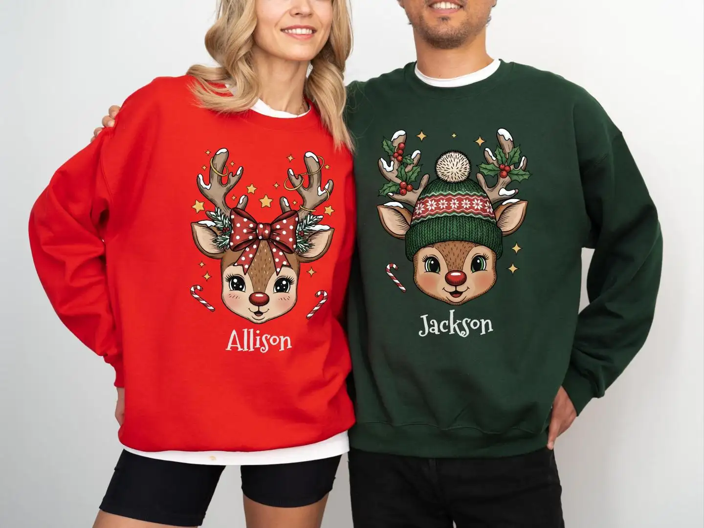Boy And Girl Reindeer Custom Shirt, Christmas Family Matching Sweater, Winter Holiday Couple Xmas Shirt, Reindeer Custom Name Sweatshirt