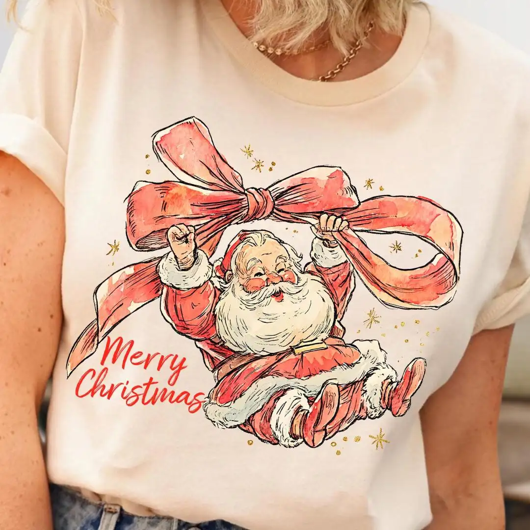 Santa Coquette Bow Shirt, Merry Christmas T-Shirt, Holiday Gift Idea For Women, Cute Festive Santa Shirt, Vintage Holiday Graphic Tee