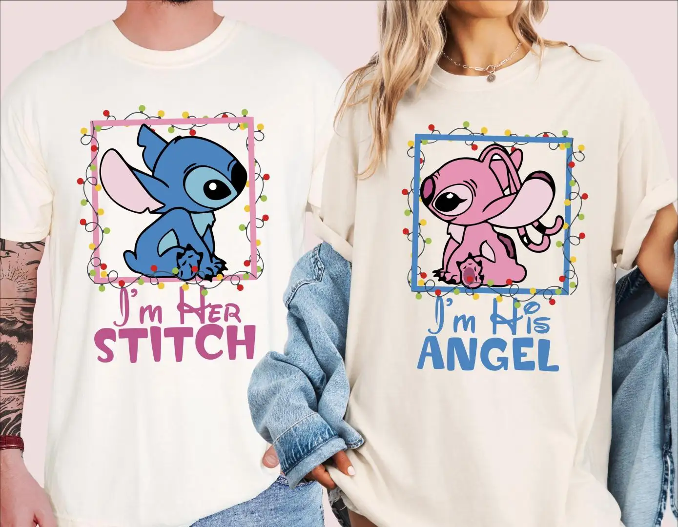 Disney Stitch and Angel His Her Christmas Shirt, I’m Her Stitch I’m His Angel Christmas Sweatshirt, Christmas Couple Matching Sweater