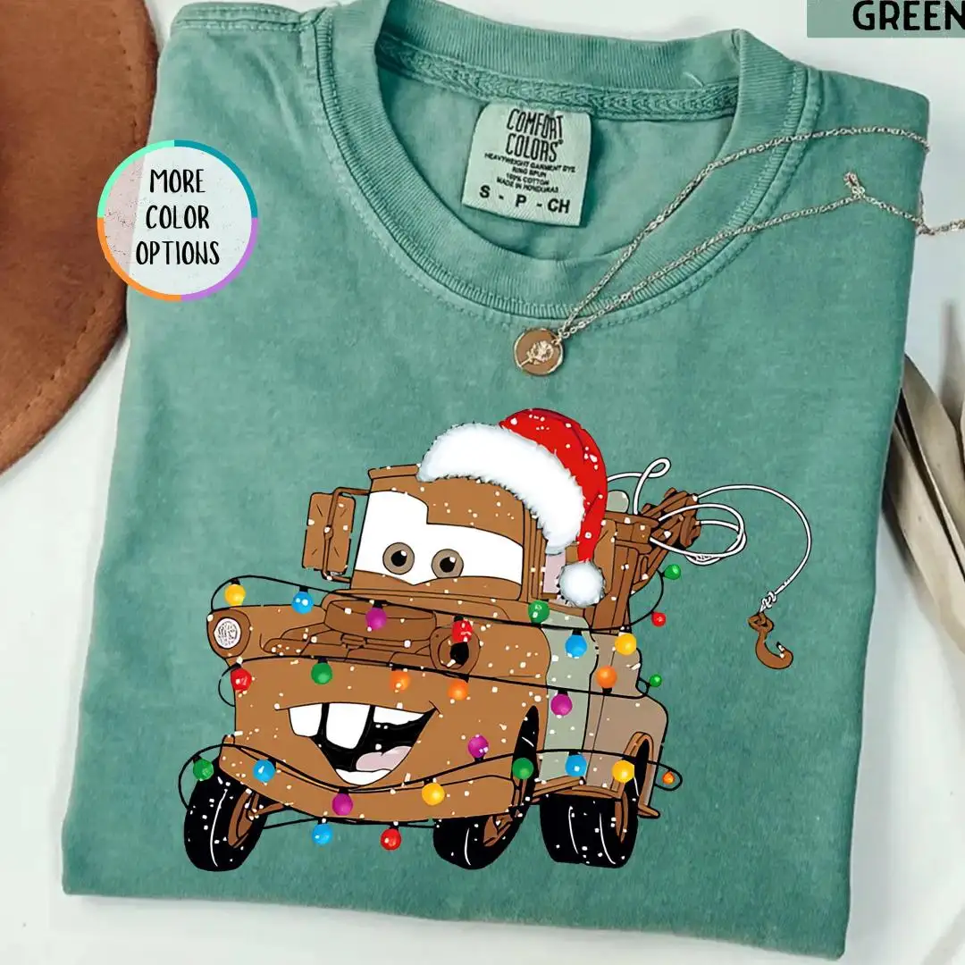 Comfort Colors Christmas Car T-Shirt, Cute Holiday Lightning Car Tee, Santa Hat Cars Shirt, Matching Christmas Shirt, Disney Christmas Shirt